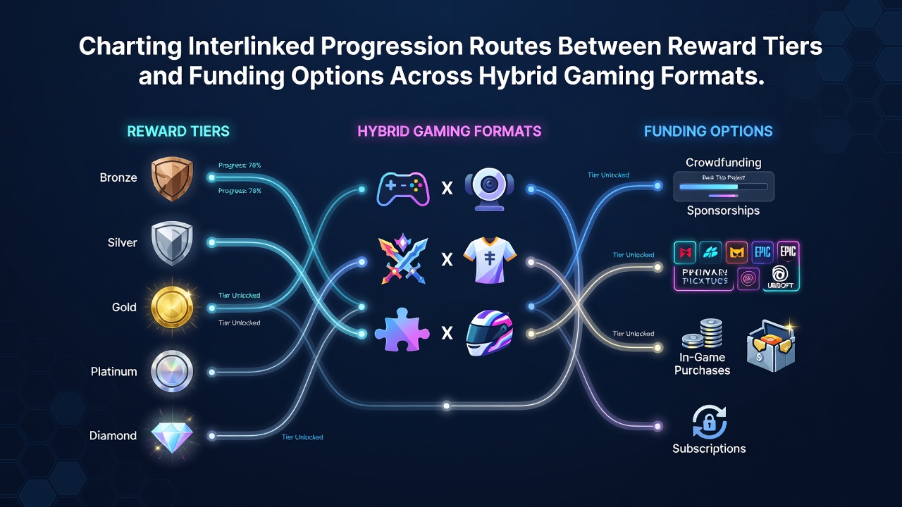 Diagram illustrating interconnected reward tier pathways and funding channels across online, mobile, and live hybrid gaming platforms