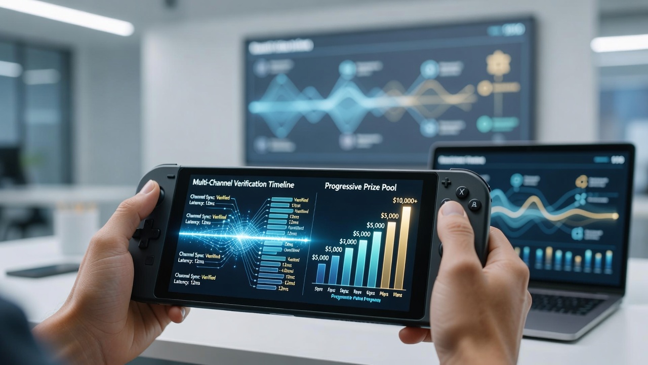 Mobile gaming interface displaying verification status alongside progressive jackpot meters on a portable device
