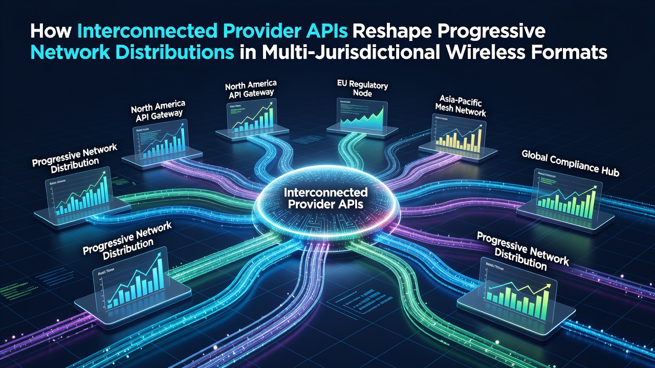 Diagram showing interconnected provider APIs linking progressive jackpot networks across multiple wireless jurisdictions