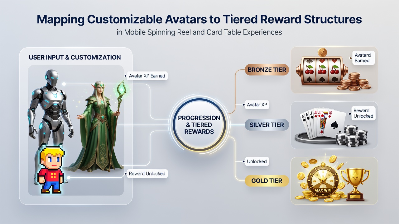 Card table mobile screen displaying avatar customization options aligned with loyalty tier rewards