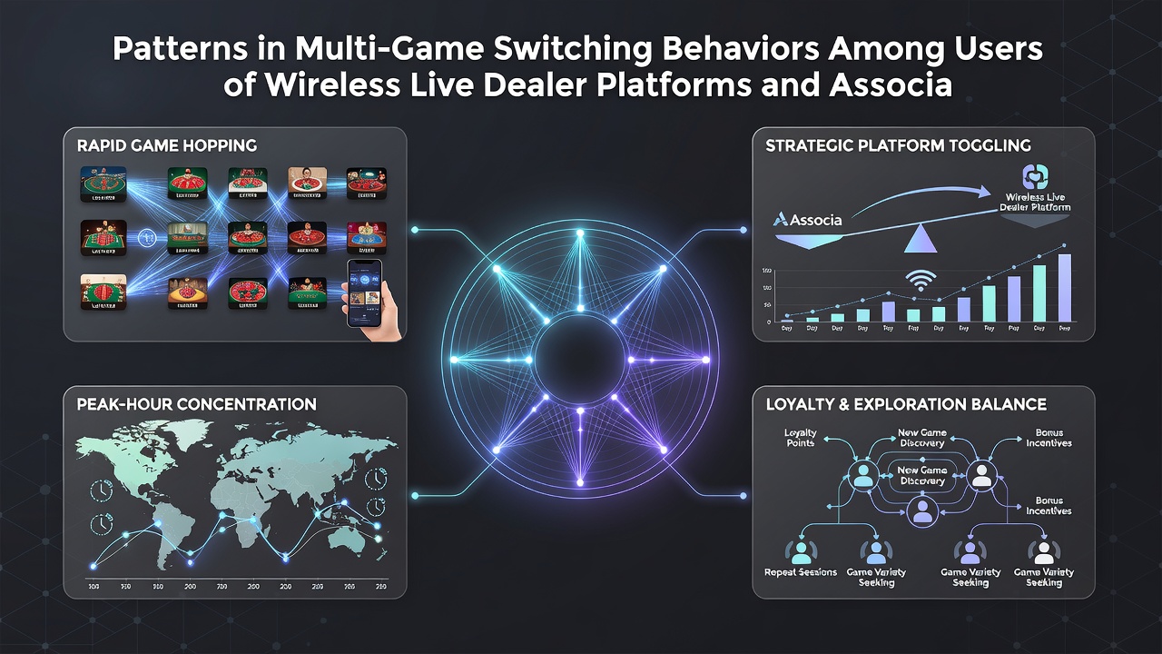 Analytics dashboard showing multi-game switching patterns and corresponding reward tier adjustments on wireless live dealer interfaces