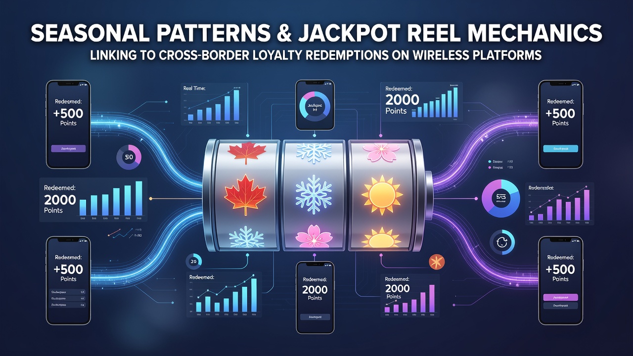 Wireless platform interface showing jackpot reel mechanics and loyalty redemption options across seasonal periods
