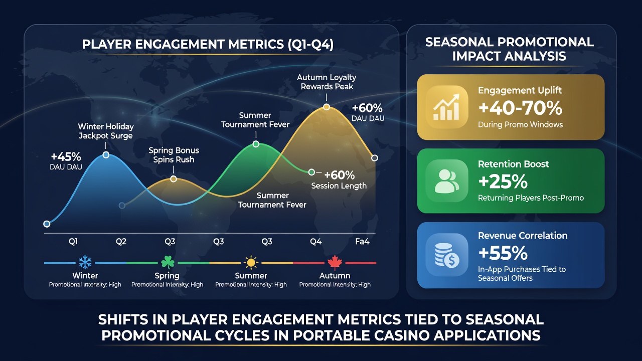 Analytics chart tracking player retention rates across multiple seasonal promotion periods in mobile casino apps