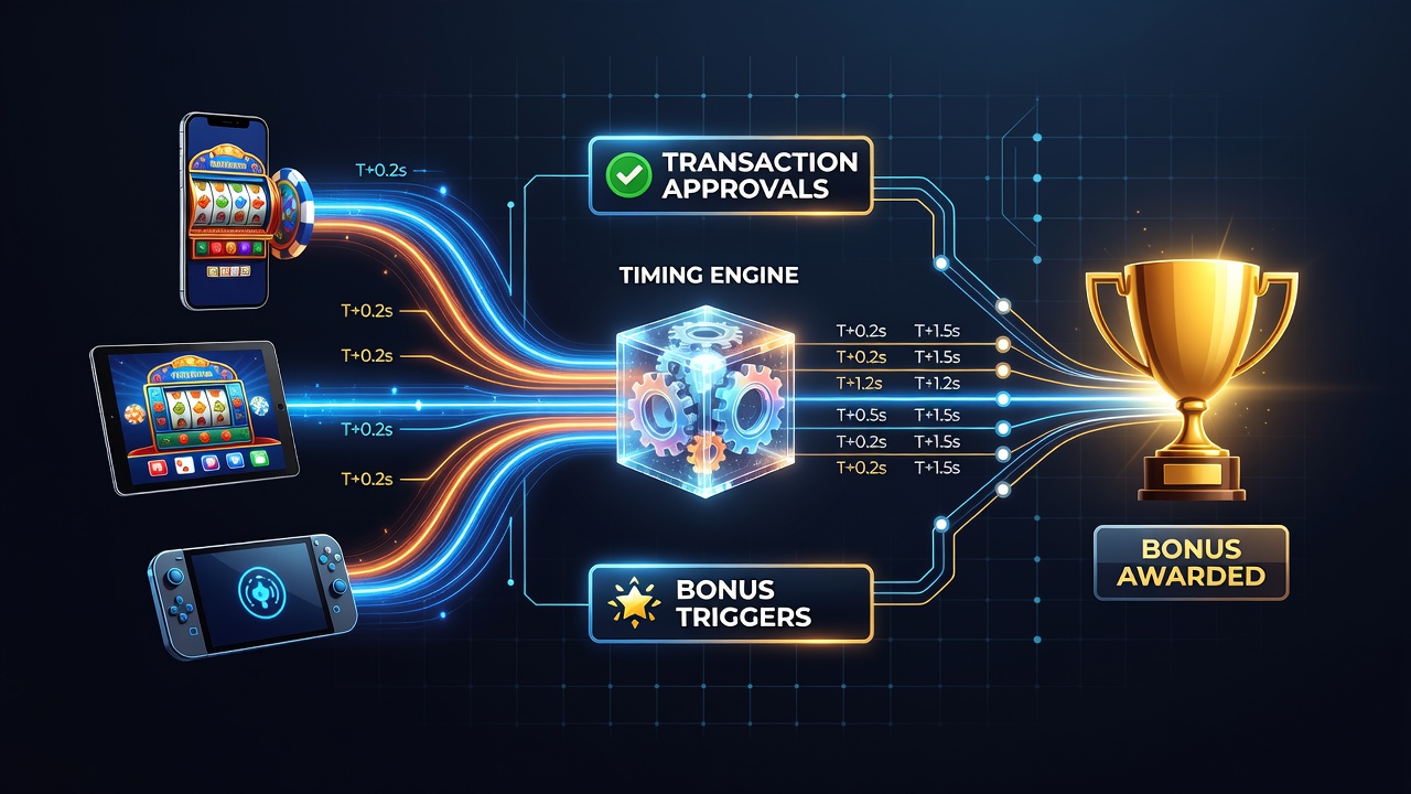 Diagram showing transaction approval timelines connected to bonus activation points during mobile and desktop gaming sessions