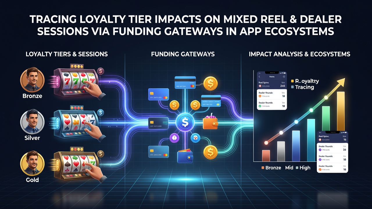 Mobile app interface showing mixed slot reels and live dealer tables with loyalty tier progress indicators