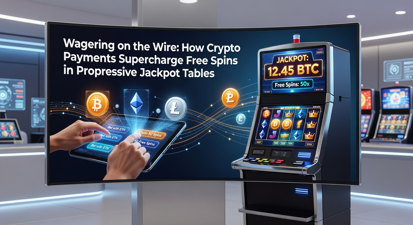 Digital wireframe of cryptocurrency transactions lighting up a progressive jackpot slot machine screen, highlighting fast payment flows and spinning reels
